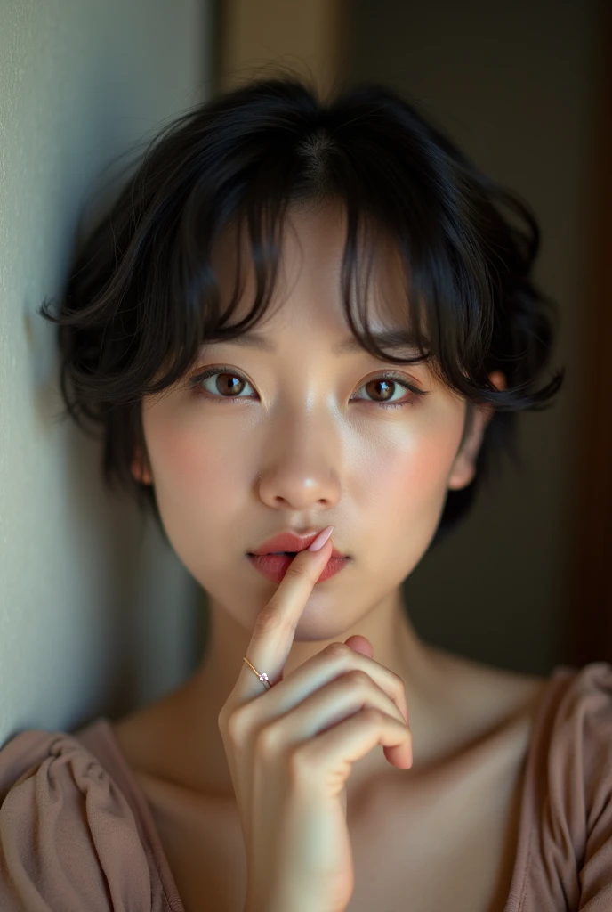 RAW photo in sequence, Photo of a 1, asian women, short hair ((Upper body selfie, happpy)), biting finger, detailed face, Slightly blurred, Detailed backgrounds, natural lightting, HDR, foto realista, professional photo, Flirting with the viewer, Visual sexy, photorealestic, Linda, natural skin, 8K UHD, high quality, filmic grain, Fujifilm XT3