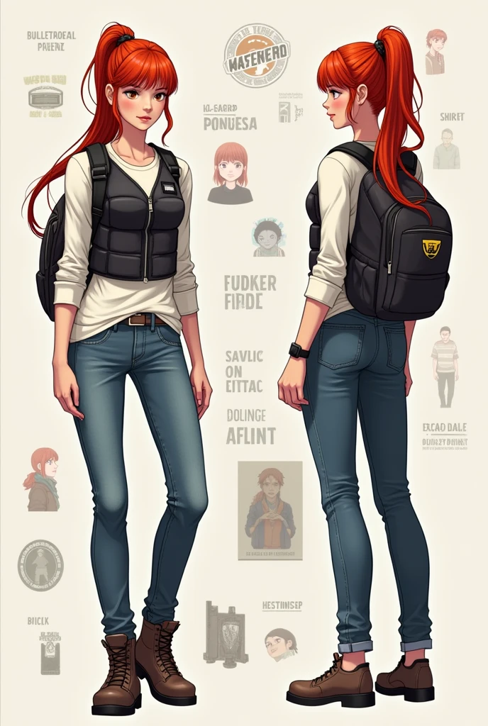 (draw) ((masterpiece, Highest quality)) (Character design sheet, same characters, front, ~ side, return, There are words written all around) Woman with long hair, Redhead with ponytail hairstyle, Brown eyes, Wearing a bulletproof vest, Zippered long sleeve T-shirt, White shirt and jeans, returnpack, Stand and relax[Abstraction(a):0.3] [complexity(c):0.7] [Expertise(It is):0.5] [creativity(I):0.2] [ethics(M):0.8] [depth(d):0.5]