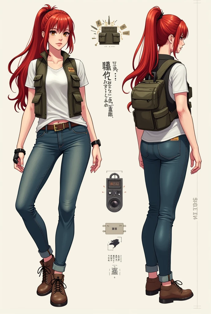 (draw) ((masterpiece, Highest quality)) (Character design sheet, same characters, front, ~ side, return, There are words written all around) Woman with long hair, Redhead with ponytail hairstyle, Brown eyes, Wearing a bulletproof vest, Zippered long sleeve T-shirt, White shirt and jeans, returnpack, Stand and relax[Abstraction(a):0.3] [complexity(c):0.7] [Expertise(It is):0.5] [creativity(I):0.2] [ethics(M):0.8] [depth(d):0.5]