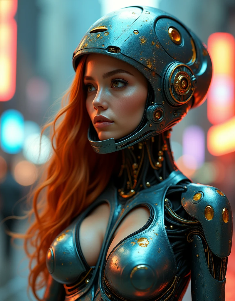 ultra realistic masterpiece, (add_very_intricate_detail: 1.2), "A cyborg/android woman, copper hair, liquid gold in some parts of the helmet, uses biomechanical parts on her body, neon lights, cyberpunk settings, high-tech helmet with very detailed intricate, futuristic atmosphere."