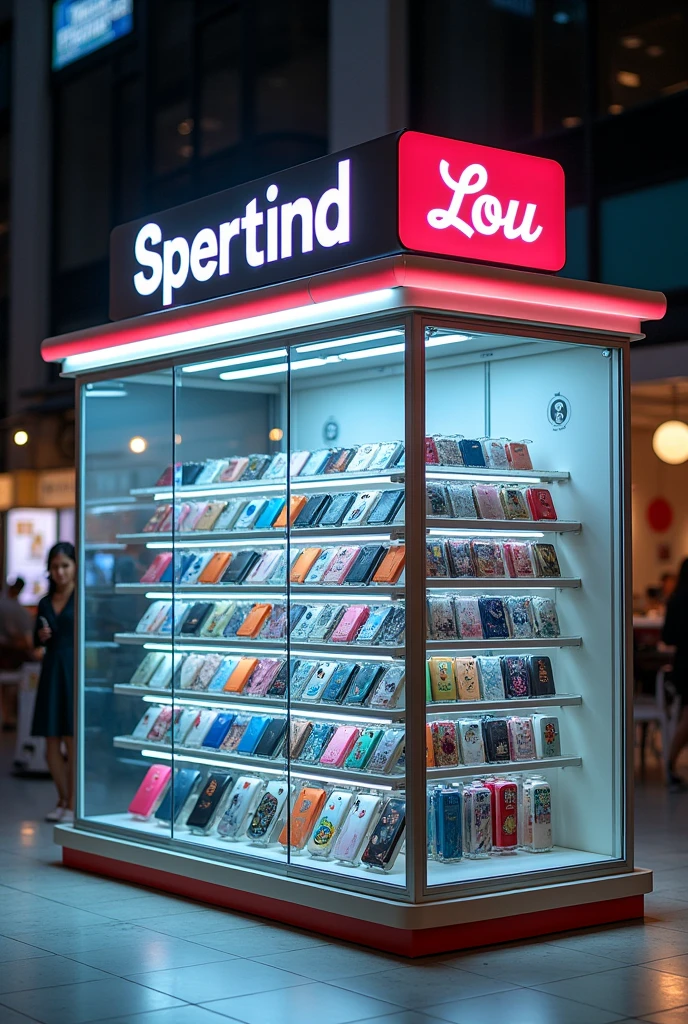

Imagine a kiosk that sells cell phone cases, but with some key modifications. We will keep the glass urns in a rectangular format, where the cases are arranged in rows, visible from outside. However, Now the cases will be secured with locks on the top of the urns, that only the vendors inside the kiosk can open. 

The vendors are inside the kiosk, visible through the transparent urns. They can serve customers through small windows or openings at the top of the urns., where cases can be displayed up close without compromising security.

Lighting is still important: LED lights inside the urns highlight the colors and designs of the cases, while the top of the kiosk has an eye-catching sign that attracts customers.
 
I want the cases to look very attractive because of how they are being displayed., That is the main thing in the image and that there are several urns where the sellers are inside the rectangle and the buyers outside looking at the merchandise and interacting with the sellers. The urns that have the cell phone cases displayed should not be high., The maximum is about the waist of a person of one and a half meters in height. 