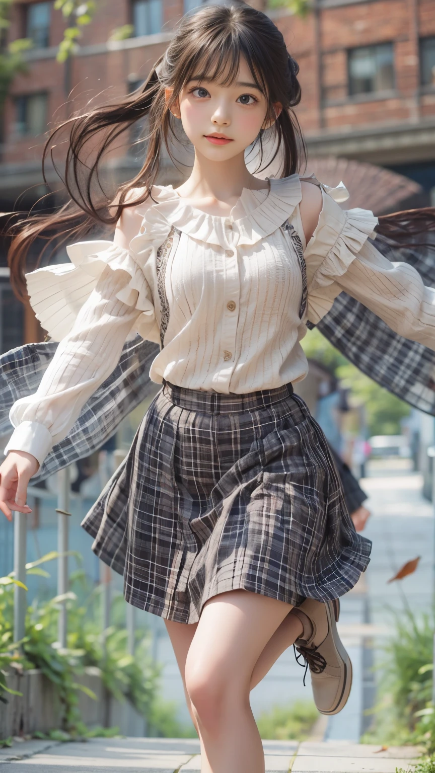 masterpiece , Highest quality , Very detailed , 1 person, ((Contrasting Eyes)) , running , blouse, skirt , bangs , field