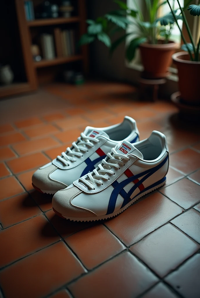 generate an onitsuka tiger and on a brown tiled floor, white with the lines blue and red color and make the background look dim inside a house, dont put spotlight on the shoes, just normal dim house and top view and low quality, dim as possible make the shoes inside th box
