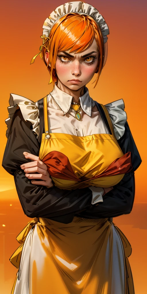 1girl, solo, maid with apron, yellow and orange hair, short bob haircut, medium breast hold, breasts, heart brooch necklace, closed mouth, crossed arms, dress, dusk, enmaided, evening, frown, long sleeves, looking at viewer, maid apron, maid headdress, yellow and orange background, orange sky, orange theme, ribbon, sunflower, sunset, v-shaped eyebrows, yellow and orange apron, yellow  and orange background gradient,  yellow and orange theme
