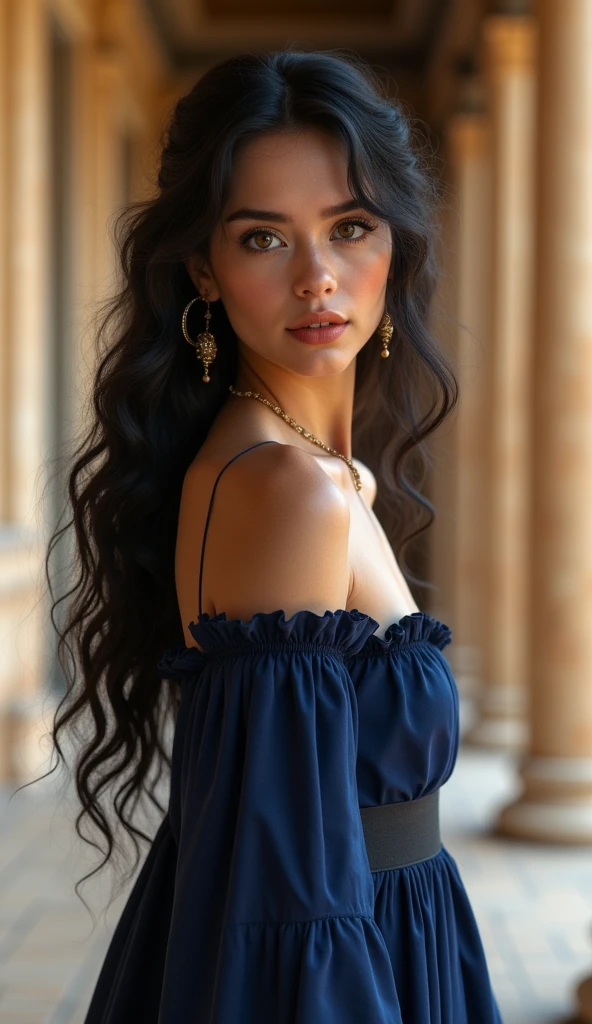 1 girl, full body shot (1.3),close up face shot (1.3), face shot, corridor,Soft Light, Ancient Greek Beauty,Light-haired,long hair,
Greece golden place background, Greek gorgeous girl, with thick and long wavy midnight black glossy hair, her hair cascade down under the butt, big and large dolly shaped amber bright eyes, long and thick curly black eyelashes, button upturned nose, high nose bridge, fullest and plumpest pouty red luscious lips, oval face shape, shorter face, shorter chin, tiny face size, pale snow white traslucent perfect skin, whitening skin, hourglass shaped body, tiny and narrow waist, rounded hips, long and slender beautiful legs, big perfect brests (1.4), large breasts, bust size 84 cm, waist 60 cm, hips 86 cm, bra size 34 D, tall at 5’7, ((perfect body proportions)),full body image, realistic, photorealistic, ultradetailed, skin texture, hyperealismHigh Resolution, Closed Mouth, highly detailed, high resolution 8K, wearing an Ancient Greece midnight blue princess tunic dress with detailed accessories, highliting her horglass body, detailed jewlry, 18-years-old