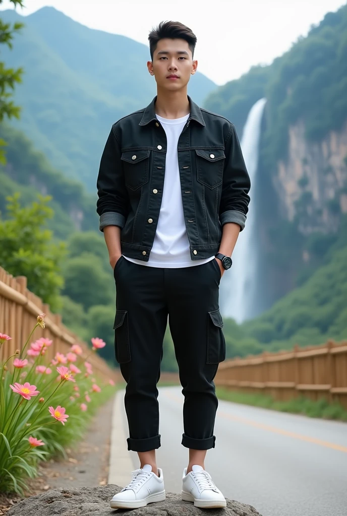 Handsome Korean man, white skin, well-groomed face. black jeans jacket, white t-shirt, knee length cargo pants, cool black watch, white shoes, posing facing the camera, on a rock on the edge of a very beautiful village road on either side of the road there is a bamboo fence and beautiful flowers blooming, the background is visible from very green mountains far away, very beautiful waterfalls, original photos. realistic