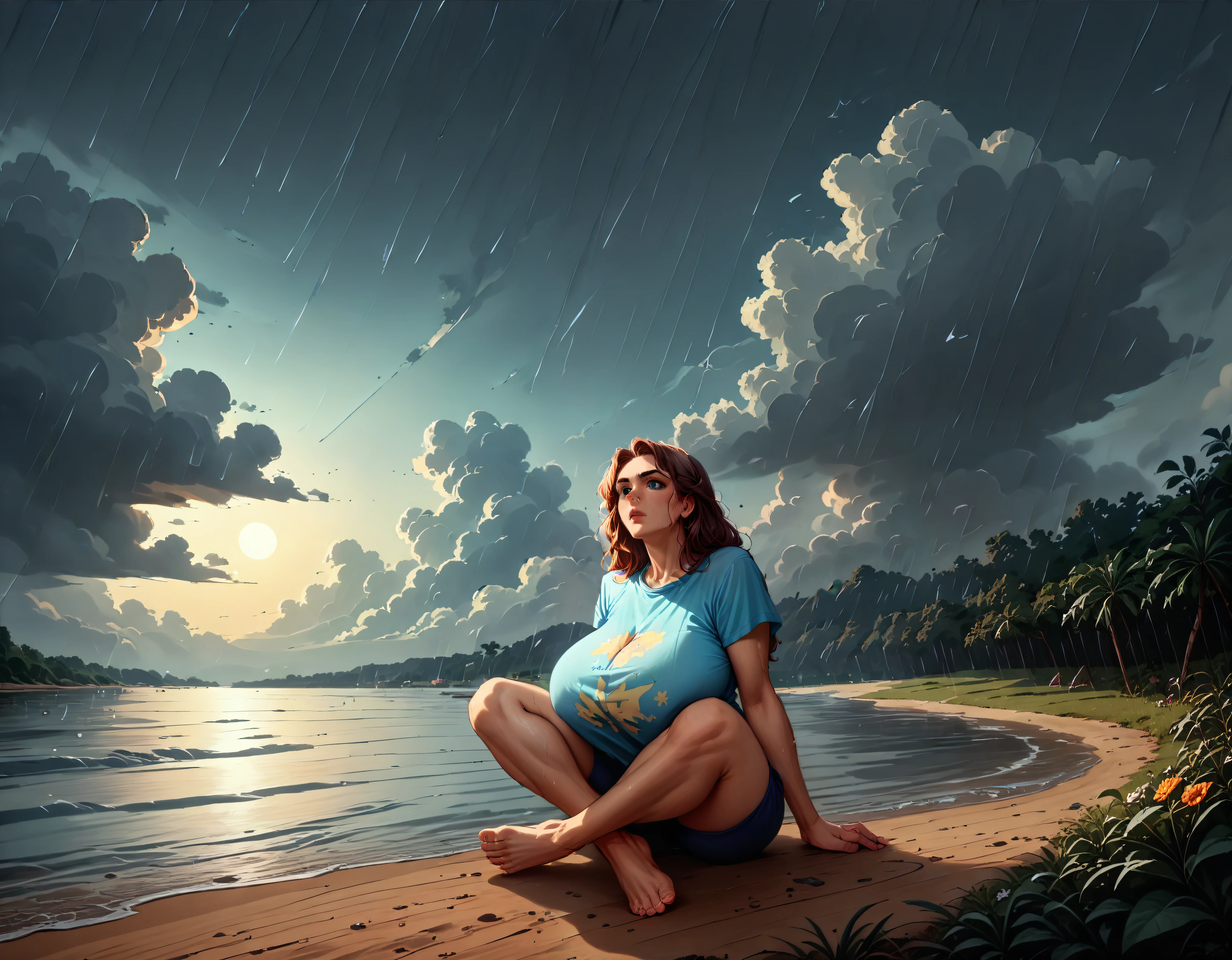 (1 girl) (masterpiece, best quality) (woman in a colorful graphic designer t shirt) (sitting on a lake beach), , ,  , (stormy dark sky, raining) , extreme detail
((Melancholy emotions:1.4)), , large dark eyebrows wide chin ((dynamic angle)) ((dynamic pose))
(Sagging Breasts covering entire torso) ((full body picture)) ((safe for work:1.3) ((huge breasts covered by shirt)),  art by norman Rockwell,  no bra,