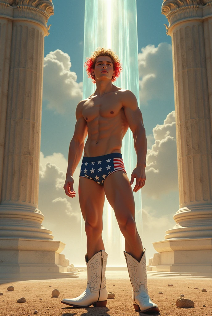 1boy, full body shot, full body angle visible face detail, face detail, arms detail, body detail, legs detail, feets detail, hands detail, male body, soft youthful face, teenager male body, clear cold skin, curly blonde shoulder-length hair with red tips, boxer underwear with American flag print, a large pelvic bulge, detailed White cowboy boots on the feet, immense and grand rodeo field, gravel floor and short grass, an afternoon sky as seen in the background, full body, body hairless, dominating, white or white skin, boy soft face, gighly light, highly detailed, looking at the audience, photography, detailed skin, real person, crazy detail, hype maximization, lightin stone temple, crystal prisms descending from the ceiling, floor mirroring the ceiling, fiery torches, an afternoon sky as seen in the background, full body, body hairless, dominating, white or white skin, boy soft face, gighly light, highly detailed, looking at the audience, photography, detailed skin, real person, crazy detail, hype maximization, lighting complex detail , Highly detailed, Digital painting, artstation, concept art, smooth, sharp focus, illustration, Unreal Engine 5, art by Ross Tran and Greg Rutkowski and Alphonse Mucha, Show men only .8k Ultra HD, dslr, dim lighting, high quality, film grain, Fujifilm XT3, 2-person, two-person model. hype surrealism, hype surrealism, by Shen Quan, perfect body, beautiful young male model, an attractive man 18-2 aesthetic, Sunshine sports student, asianboy, bulgej8, Noosphere, fantasy dark, light and cold aesthetics,