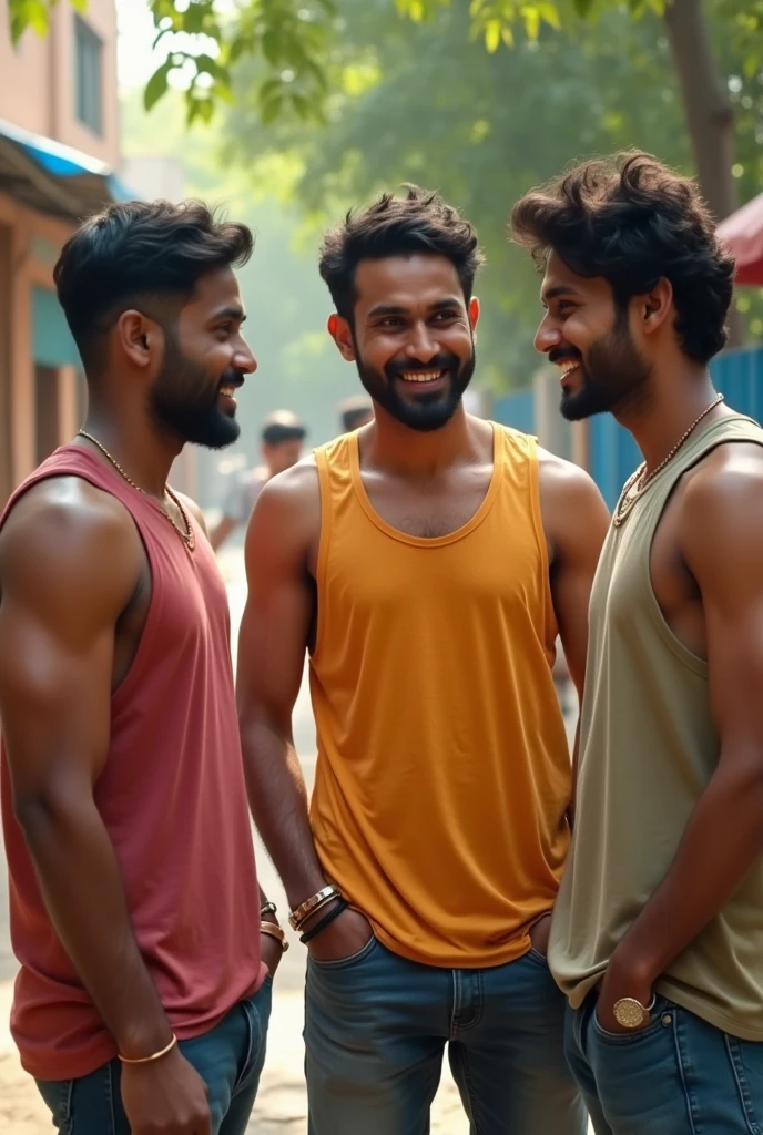 A 28 years Indian boy with 2 friend both are in tank top under vest