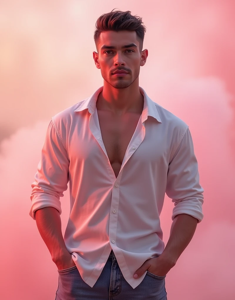 Brutal, Handsome man 35 years medium height, around 1.75 meters tall, wearing white shirt and jeans , dark brown color crew cut hair ,small upturned nose, large dark brown eyes, tan skin is very clear, without noticeable imperfections, youth age, Pink smokey background, pink atmosphere 