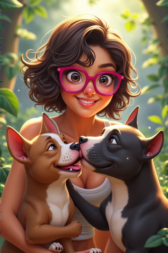 
a brunette girl, short wavy hair and pink glasses with a large yellow pitbull dog and a pink nose a brindle pitbull puppy
