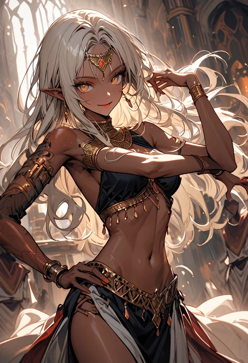 arm, copper skin, female, hands on hips