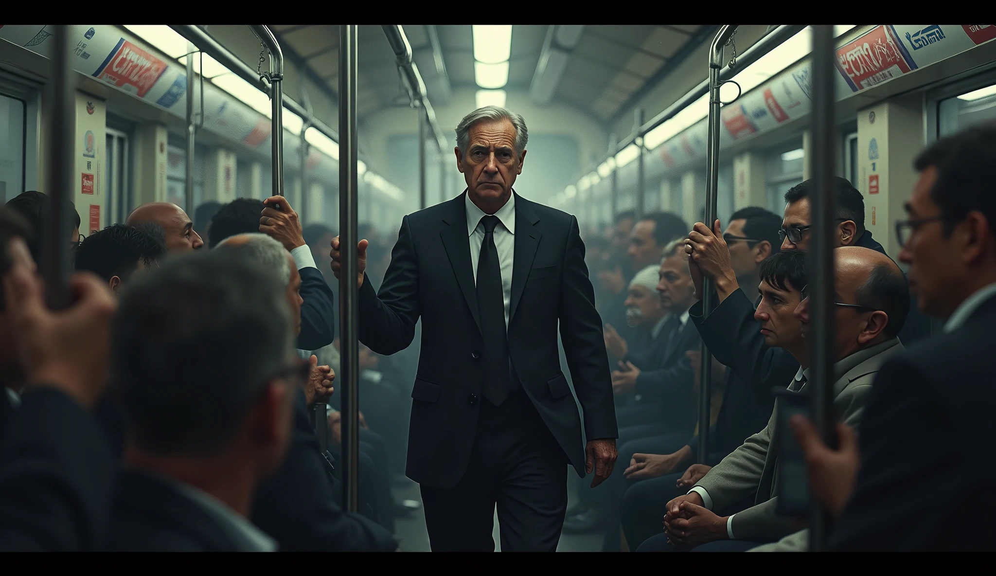 Crowded Commute**: A man standing in a crowded bus or train, holding onto a handrail, lost in thought.