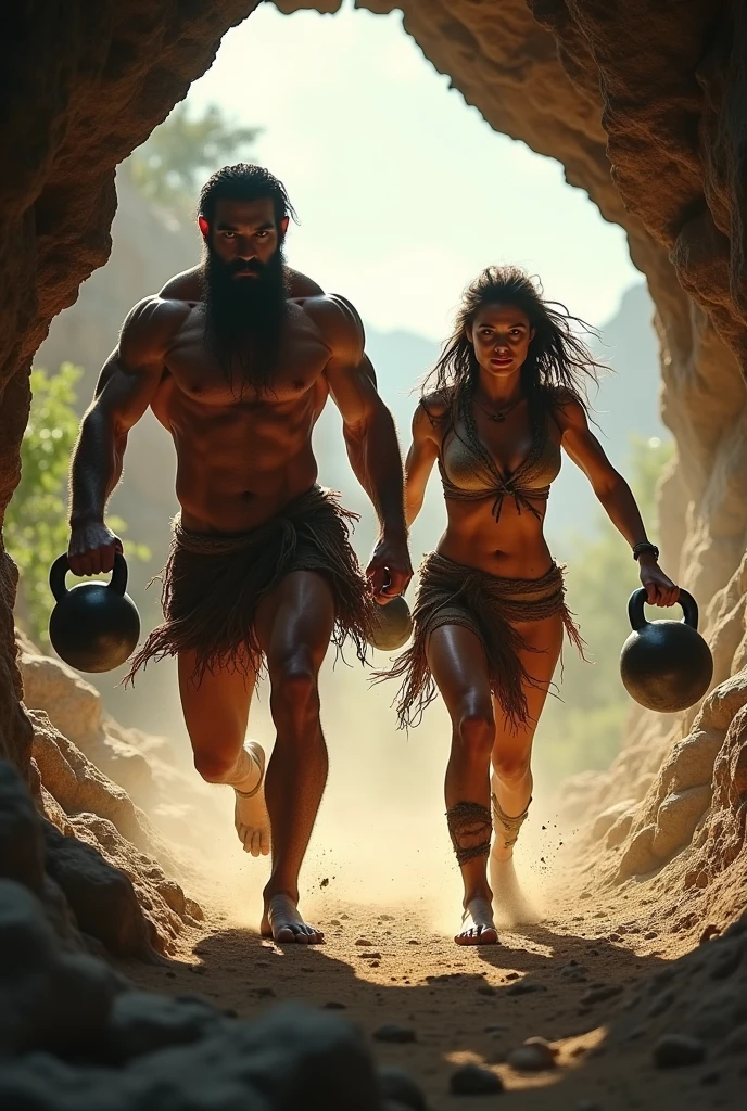 Muscular primitive man and woman running out of a cave head on.
 He with a kettlebell in his hand and she with a dumbbell in her hand