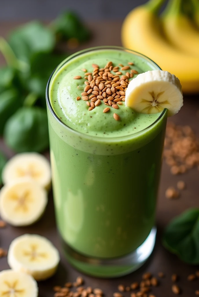 Create an image of this recipe: Banana and Spinach Smoothie Ingredients:
- Banana: 1 unit (ca.. 120 g)
- Fresh spinach: 50 g - Almond milk: 200 ml - Honey: 10 g (Optional)
- Flax seeds: 10 g Preparation:
1. Peel and cut the banana into slices.
2. In a blender, combine the banana, spinach and almond milk.
3. Blend until smooth.
4. Add honey to taste, if you wish, and mix again.
5. Serve the smoothie in a glass and sprinkle with flax seeds..