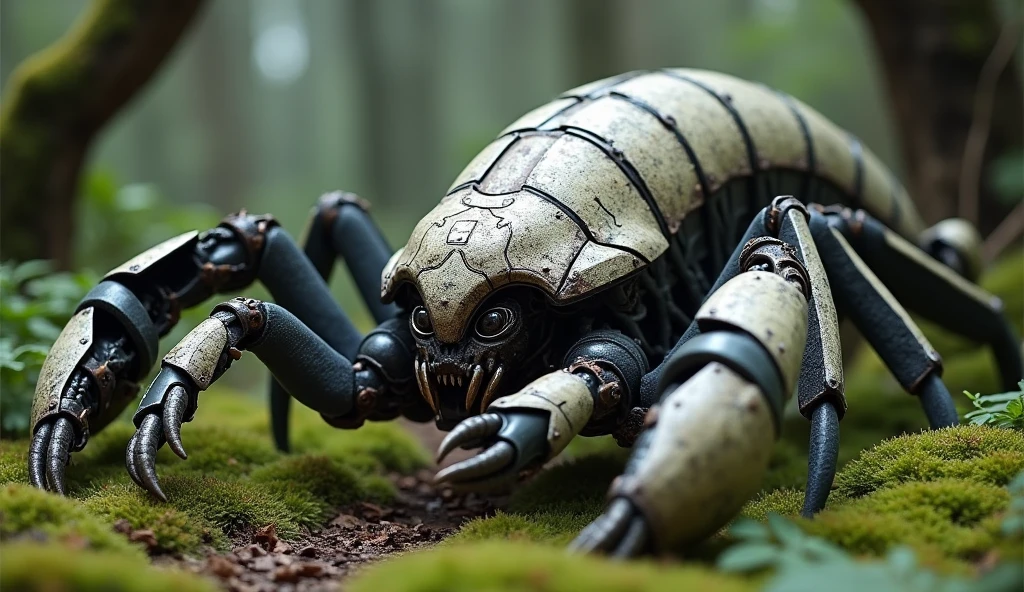 A robot with a scorpion-like brain、Detailed skin、Actual item、in the forest、moss、Medieval Armor、Ancient Technology、Spider silk