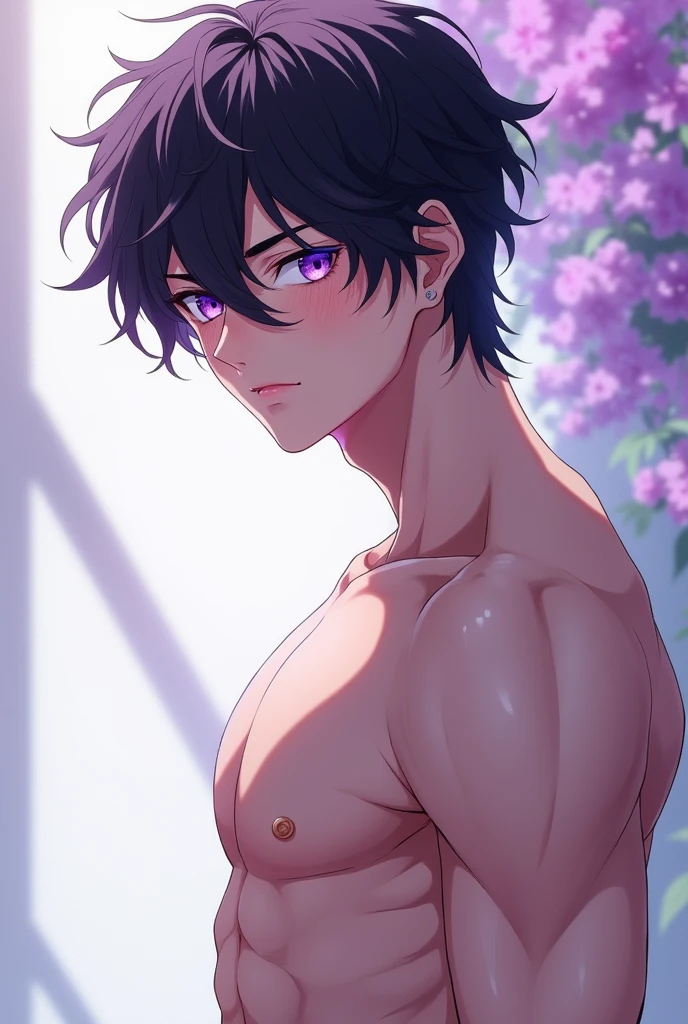 Shirtless anime boy with white skin, handsome black hair with wavy purple hair and purple eyes, sexy pose