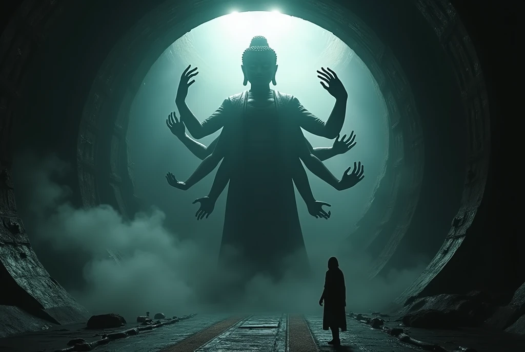 photorealistic, ultra-detailed, (best quality, 8k, HDR, cinematic lighting:1.2), (horror, dark, ominous:1.4), (Buddha statue monster, multiple arms, dark array, dark space ship:1.6), science fiction, gritty, moody, chiaroscuro, dramatic shadows, realistic textures, volumetric fog, depth of field blur