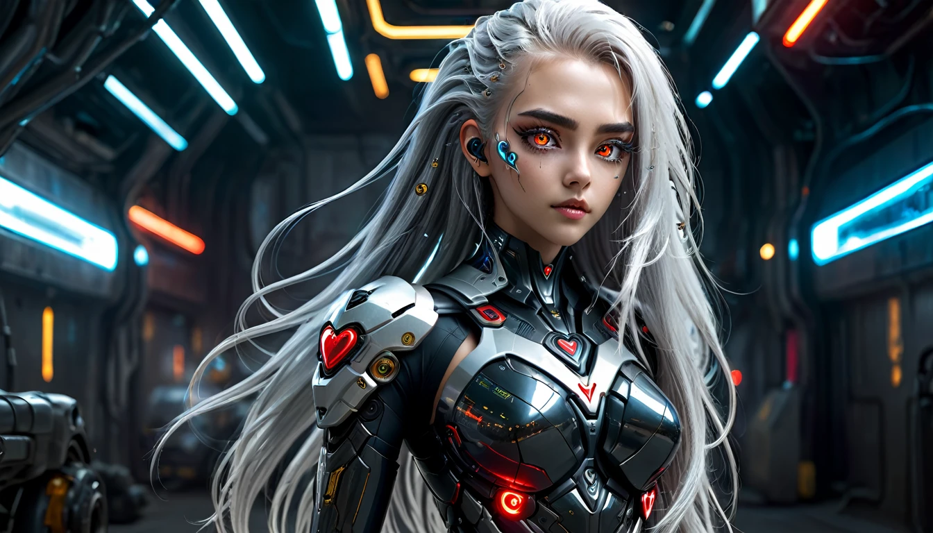 8k, Highest quality,Dark Fantasy,science fiction,whole body,1girl,perfect face,long hair,hair over one eye,(beautiful detailed Glass hair,silver hair,two-tone hair,flipped hair),gold eyes,(heart-shaped pupils,glowing eyes,eyelashes),cyberpunk,super fine concept art,Cybernetic organism,organism,energy gun, energy weapons,Black and red gear,(motorcycle,Electric Lightning ,futuristic city,Future City),back view,