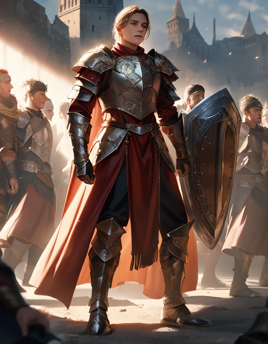 ((lorica segmentata armor)),((4th-century western roman inspired armor)), hope, ((iconic roman inspired armor)), ((scutum shield, tower shield)), ((Full body portrait)), ((Roman inspired warrior)), (Royal roman soldier), (4th century armor), ((Red intricate details on armor)), photorealistic, hyperrealistic, 8k, high quality, cinematic, dramatic lighting, fantasy, uplifting atmosphere, intricate details, angelic, holy, mysterious, savior, peaceful, foreboding, calming, chiaroscuro, dramatic shadows, dramatic highlights
