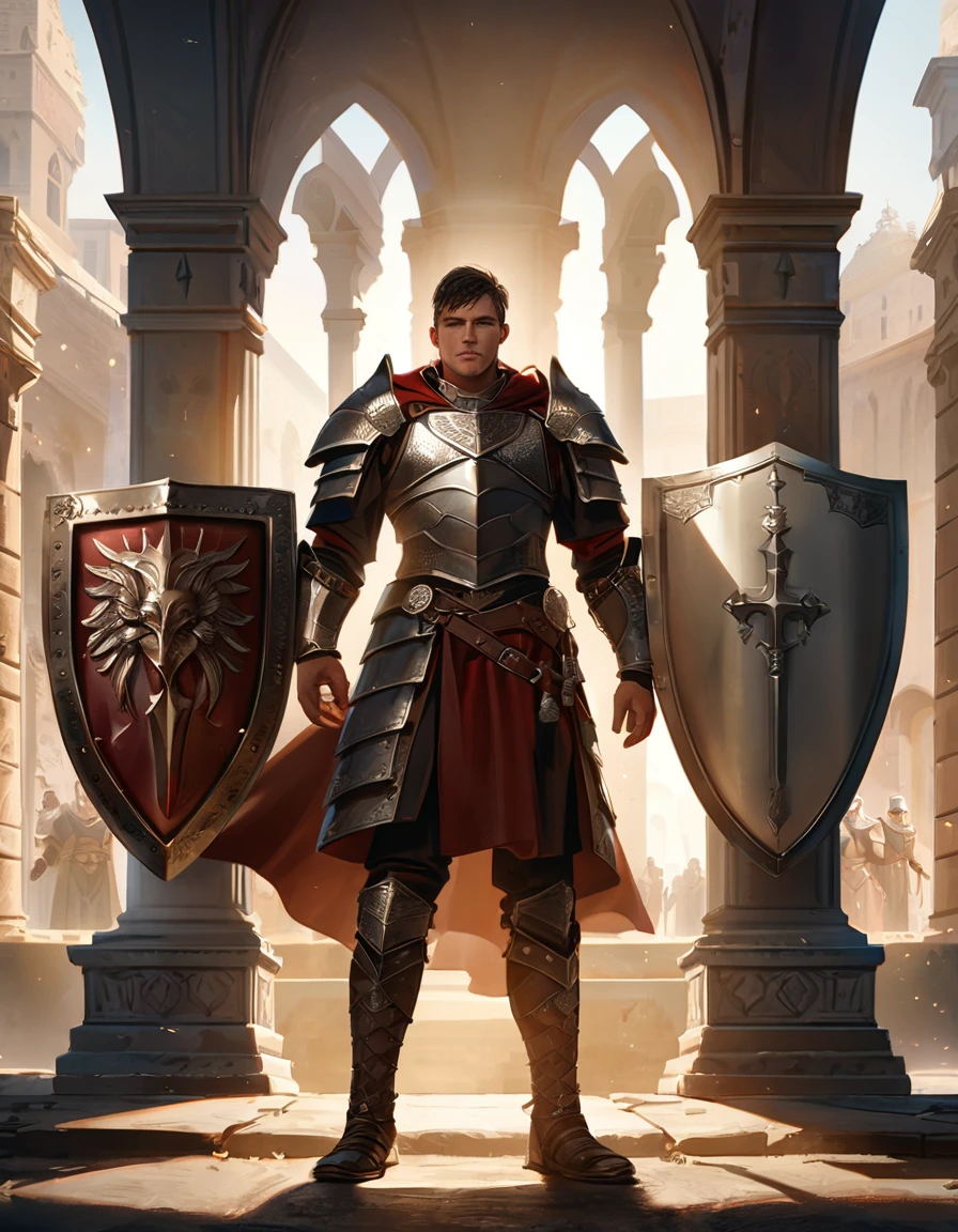 ((lorica segmentata armor)),((4th-century western roman inspired armor)), hope, ((iconic roman inspired armor)), ((scutum shield, tower shield)), ((Full body portrait)), ((Roman inspired warrior)), (Royal roman soldier), (4th century armor), ((Red intricate details on armor)), photorealistic, hyperrealistic, 8k, high quality, cinematic, dramatic lighting, fantasy, uplifting atmosphere, intricate details, angelic, holy, mysterious, savior, peaceful, foreboding, calming, chiaroscuro, dramatic shadows, dramatic highlights