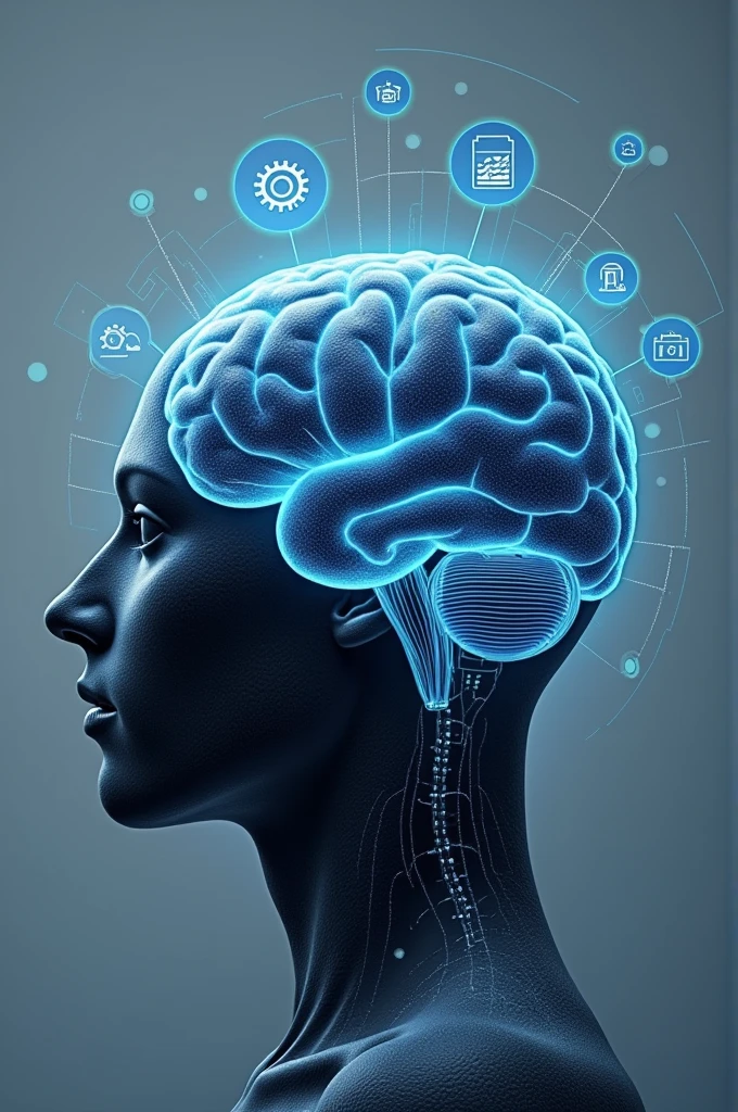 I want a drawing of a brain with blue lights, files and gears written safety culture
