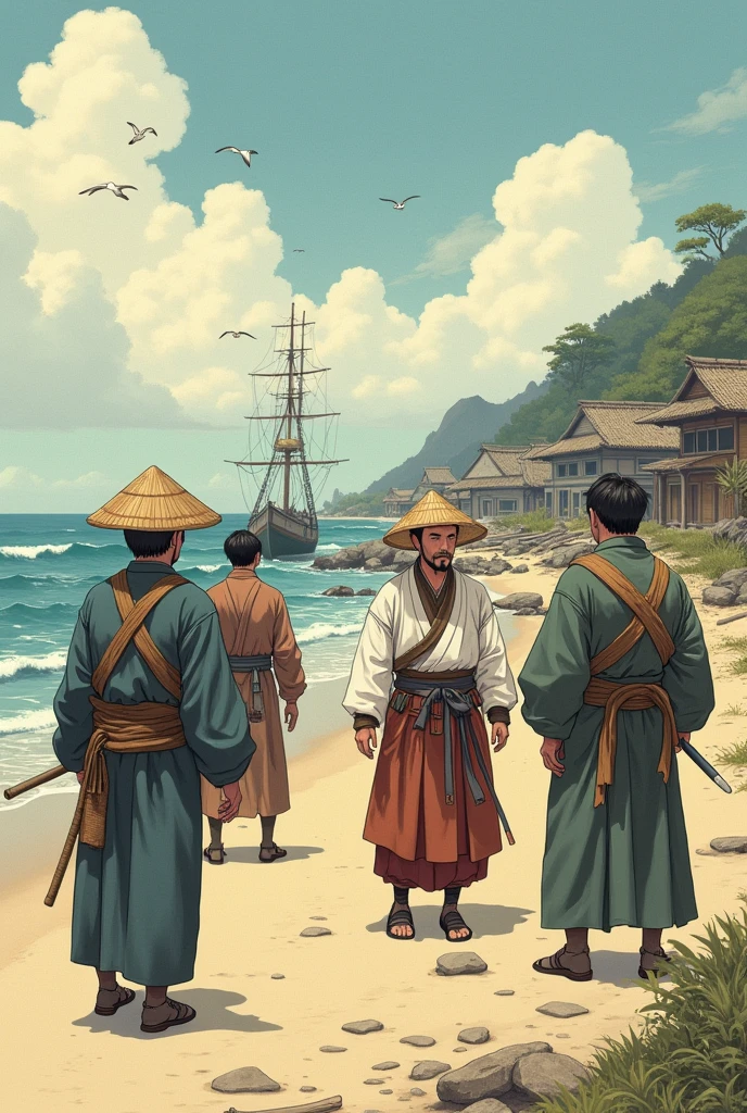 Edo Period　Japanese farmers help a Korean merchant whose ship was wrecked and washed ashore.