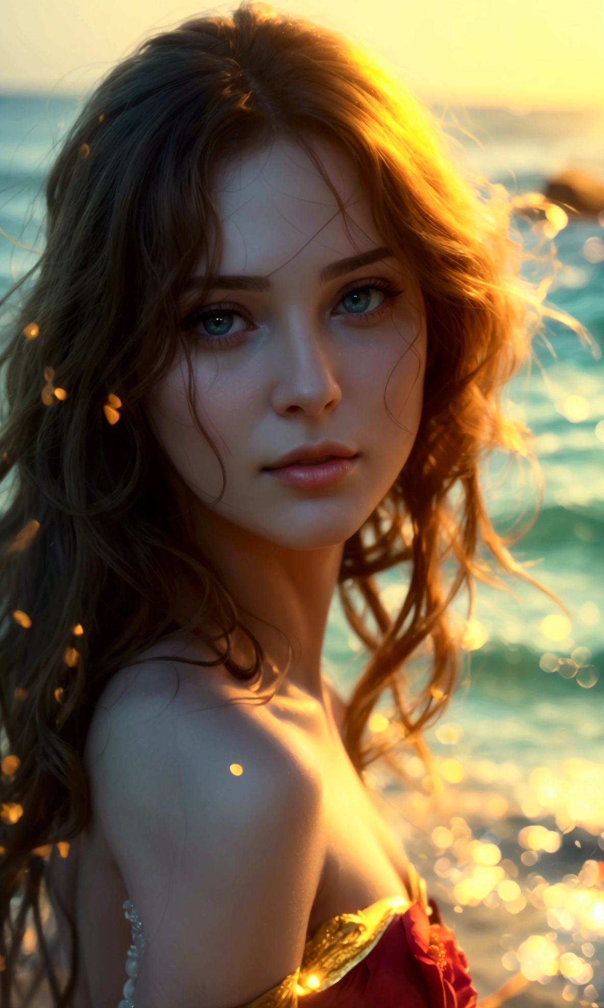 a beautiful woman on the beach, Leonardo da Vinci style, high quality, photorealistic, 8k, (best quality, 4k, 8k, highres, masterpiece:1.2), ultra-detailed, (realistic, photorealistic, photo-realistic:1.37), detailed eyes, detailed lips, extremely detailed face, long eyelashes, sensual pose, flowing hair, ocean waves, golden sunset light, soft lighting, warm color tones, cinematic composition, conceptual art