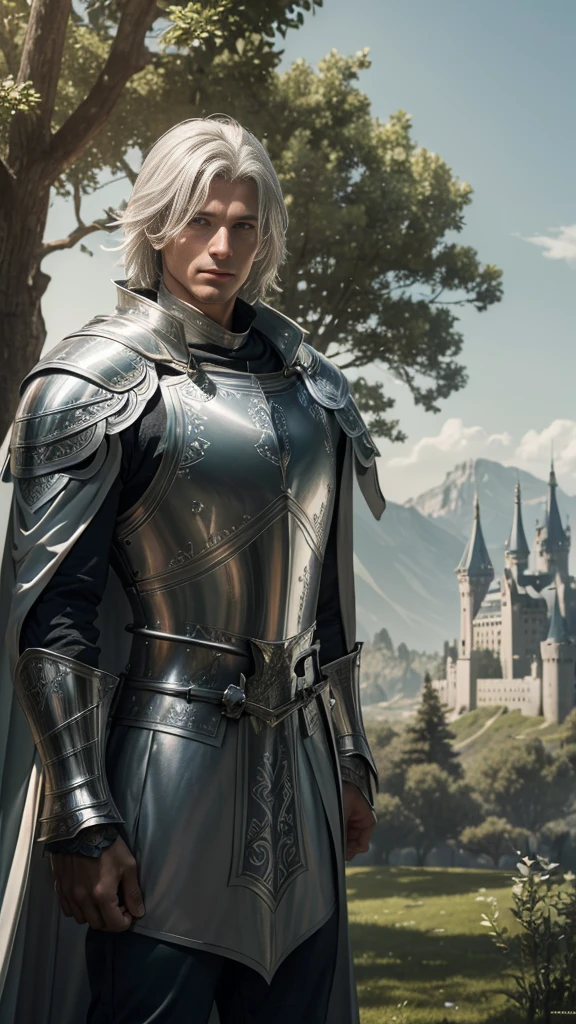 (a knight in shining silver armor 1.5, a magical white leafless tree drawn on the chest), green cape 1.3, a castle in the background, various trees