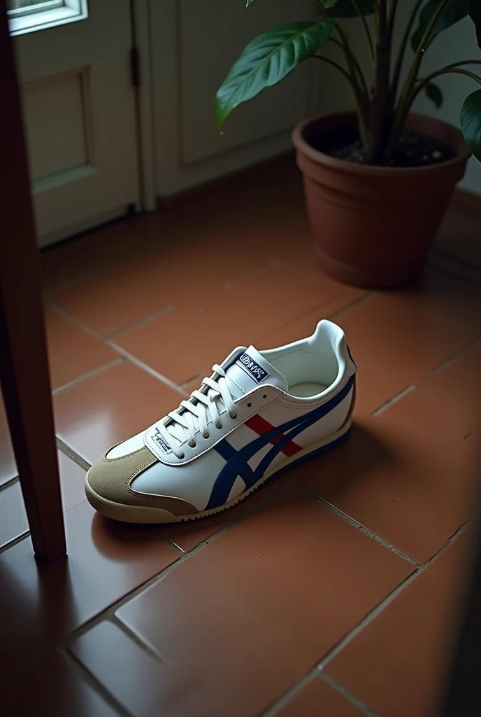 generate an onitsuka tiger  and on a brown tiled floor, white with the lines blue and red color and make the background look dim inside a house, dont put spotlight on the shoes, just normal dim house and top view and low quality, dim as possible make the shoes inside the box