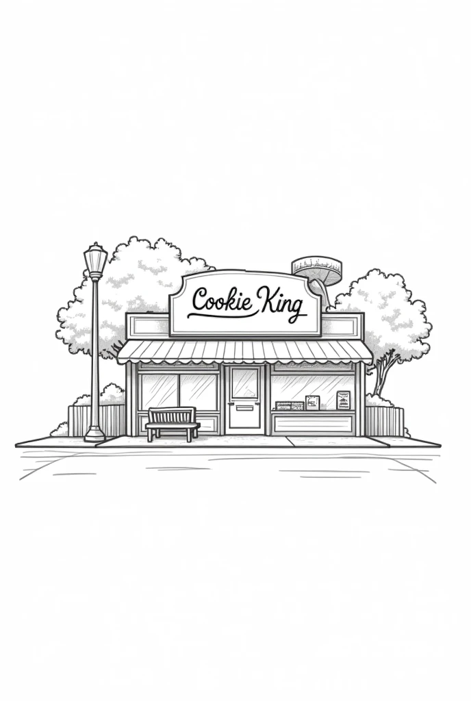 Design a small cookie shop front, no people in the picture. The shop is located on the side of the road. The shop's name is Cookie King. Use line drawings. Request a longer shop front with a place to wait. Make it a single floor, similar to the previous one. Use horizontal lines.