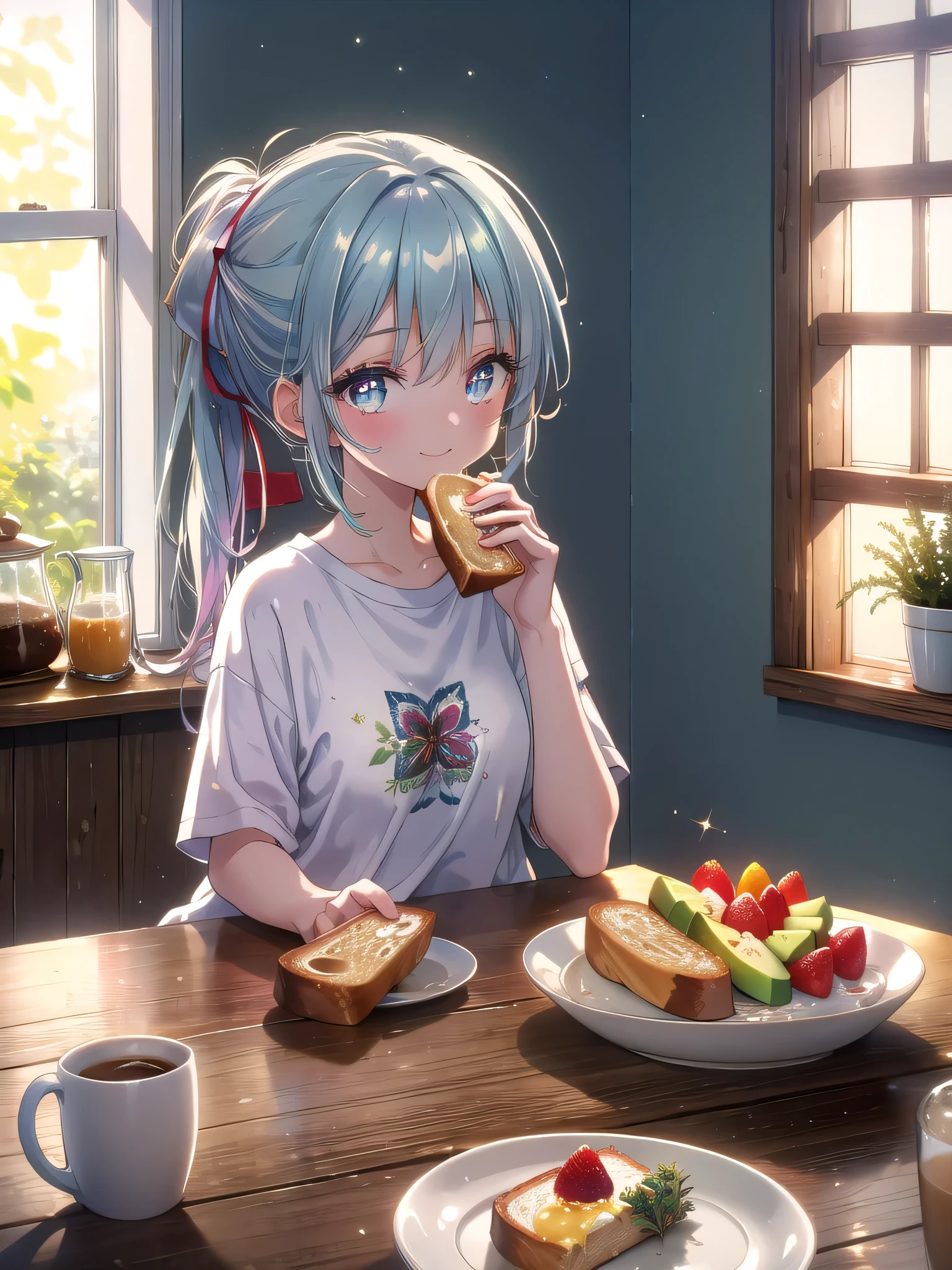 ((8k, Highest quality, masterpiece: 1.3)),Ultra-high resolution,(1 girl, alone), (Color changing eyes, Ultra-detailed, Expressive brilliance, Glitter, Glowing Eyes), Highly detailed eyes, Highly detailed face, Random Hair, ((pastel colour))Breakfast in the Morning Sunlight
The woman is seated at a small wooden dining table in her cozy kitchen, enjoying a simple breakfast. She’s wearing a soft, oversized t-shirt and pajama shorts, her hair loosely tied back. The morning sunlight filters through the window, casting a gentle glow over the table. She has a plate with a single slice of toast topped with avocado and a small bowl of fresh fruit. As she takes a bite of her toast, she looks up at the camera with a contented smile, her eyes still carrying the softness of the early morning. The kitchen is minimally decorated, with a few potted herbs on the windowsill and a simple ceramic mug of coffee beside her plate, adding to the homely atmosphere.