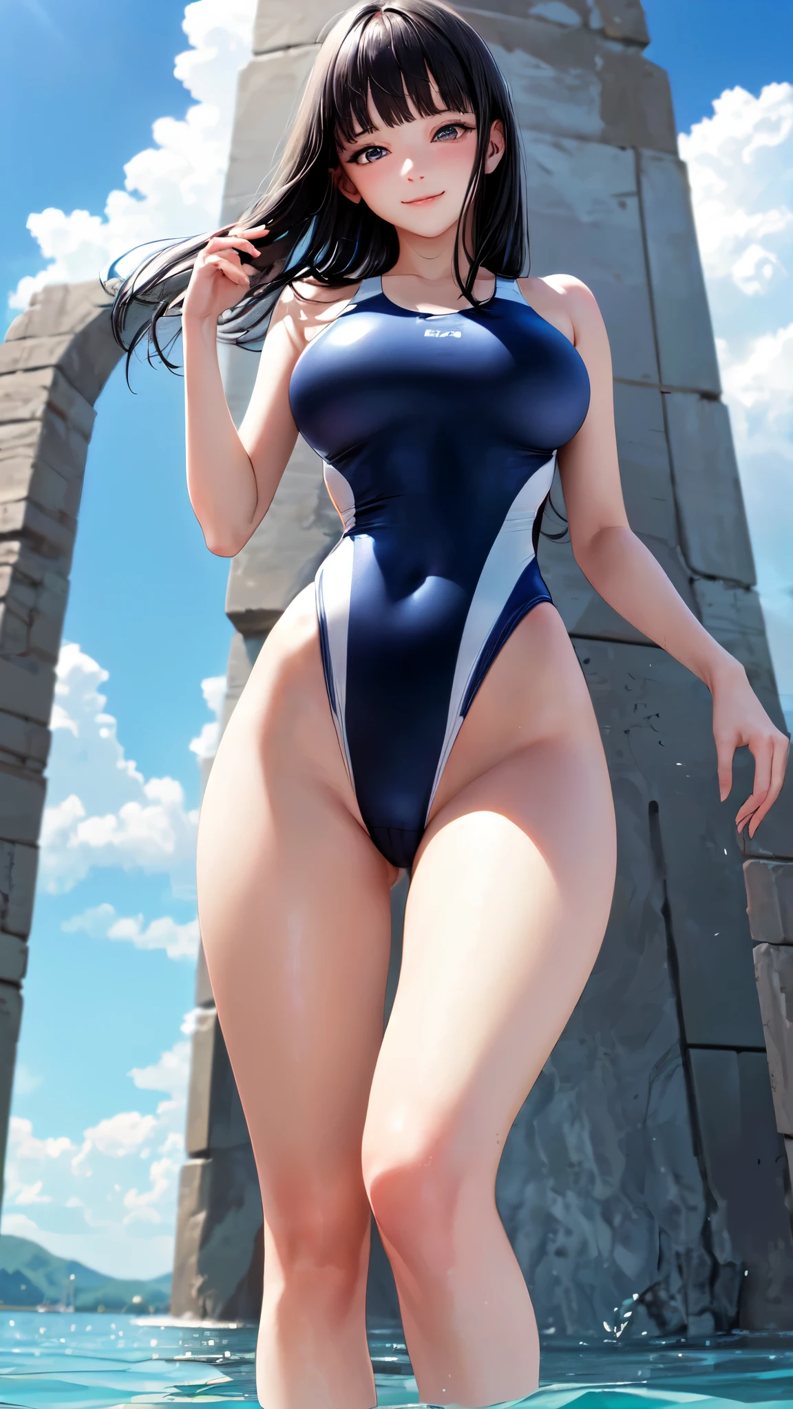 ((masterpiece,best quality,ultra detailed,high resolution)),(daytime,clear weather),((solo)),(woman),(black hair,long hair,straight hair,blunt bangs),(beautiful face,beautiful eyes),(finely detailed skin,fair skin),light smile,(competition swimsuit,navy swimsuit),(on the beautiful lake,beautiful sky),(perky breast,medium hip),from below,beautiful hip,