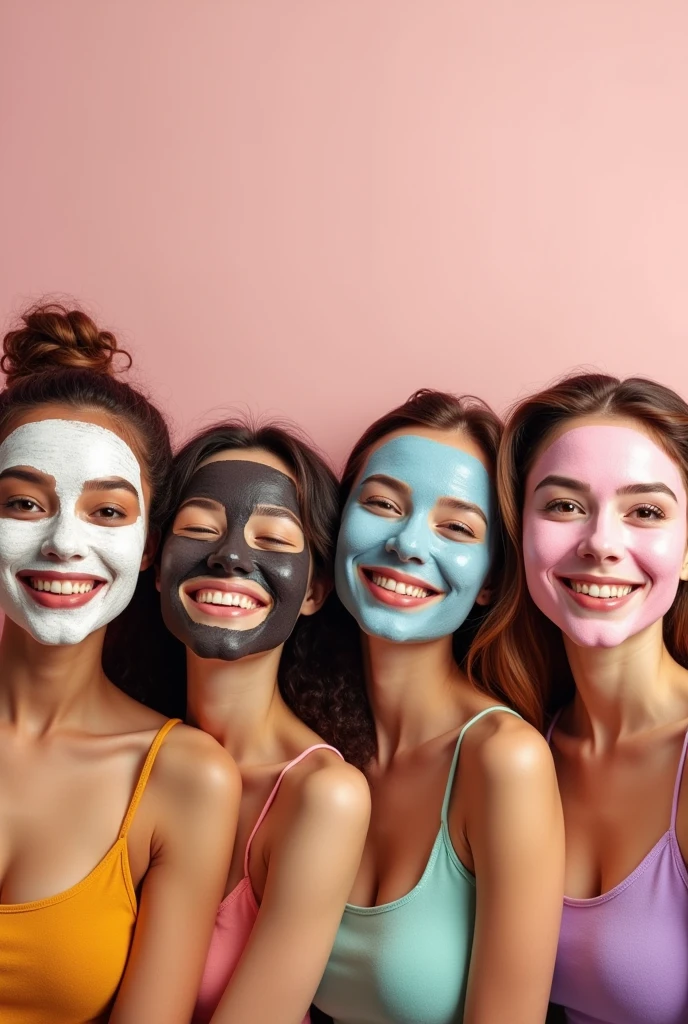 Playful  Banner of four real women with applied different face masks like coffee,charcoal,rose,rice mask