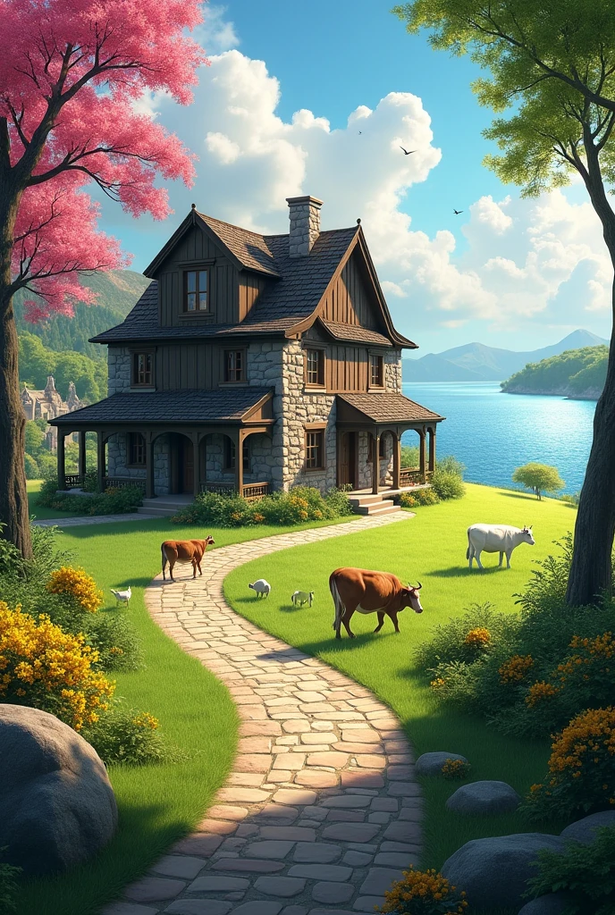 The house has a stone road to get to, with grass everywhere, trees with pink flowers and bushes with yellow flowers, and the house has a huge lake. The house is on a farm full of animals.