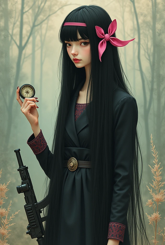 Koraki, [Abstraction(a):0.3] [complexity(c):0.7] [Expertise(It is):0.5] [creativity(I):0.2] [ethics(M):0.8] [depth(d):0.5]、Surrealist, Rescue, Hilma af Clint Style, Long, straight black hair, pink ribbon headband, Compass in left hand, gun,