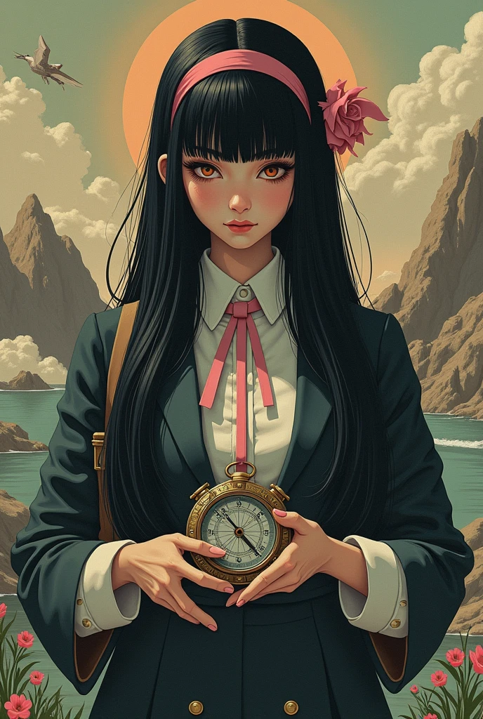 Koraki, [Abstraction(a):0.3] [complexity(c):0.7] [Expertise(It is):0.5] [creativity(I):0.2] [ethics(M):0.8] [depth(d):0.5]、Surrealist, Rescue, Hilma af Clint Style, Long, straight black hair, pink ribbon headband, Compass in left hand, gun,