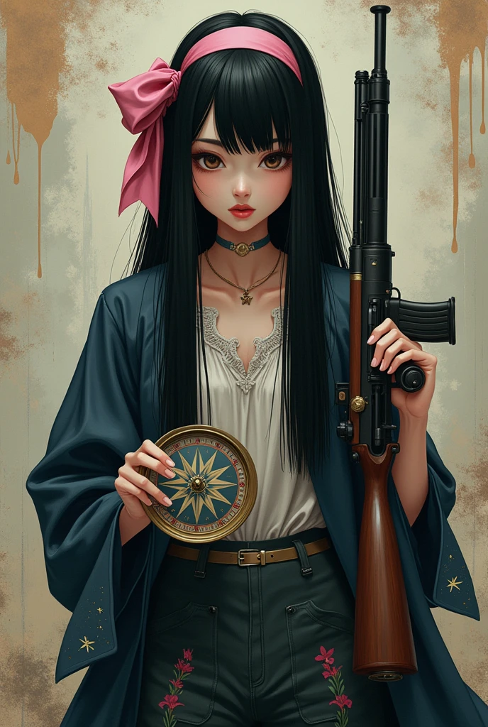 Koraki, [Abstraction(a):0.3] [complexity(c):0.7] [Expertise(It is):0.5] [creativity(I):0.2] [ethics(M):0.8] [depth(d):0.5]、Surrealist, Rescue, Hilma af Clint Style, Long, straight black hair, pink ribbon headband, Compass in left hand, gun,