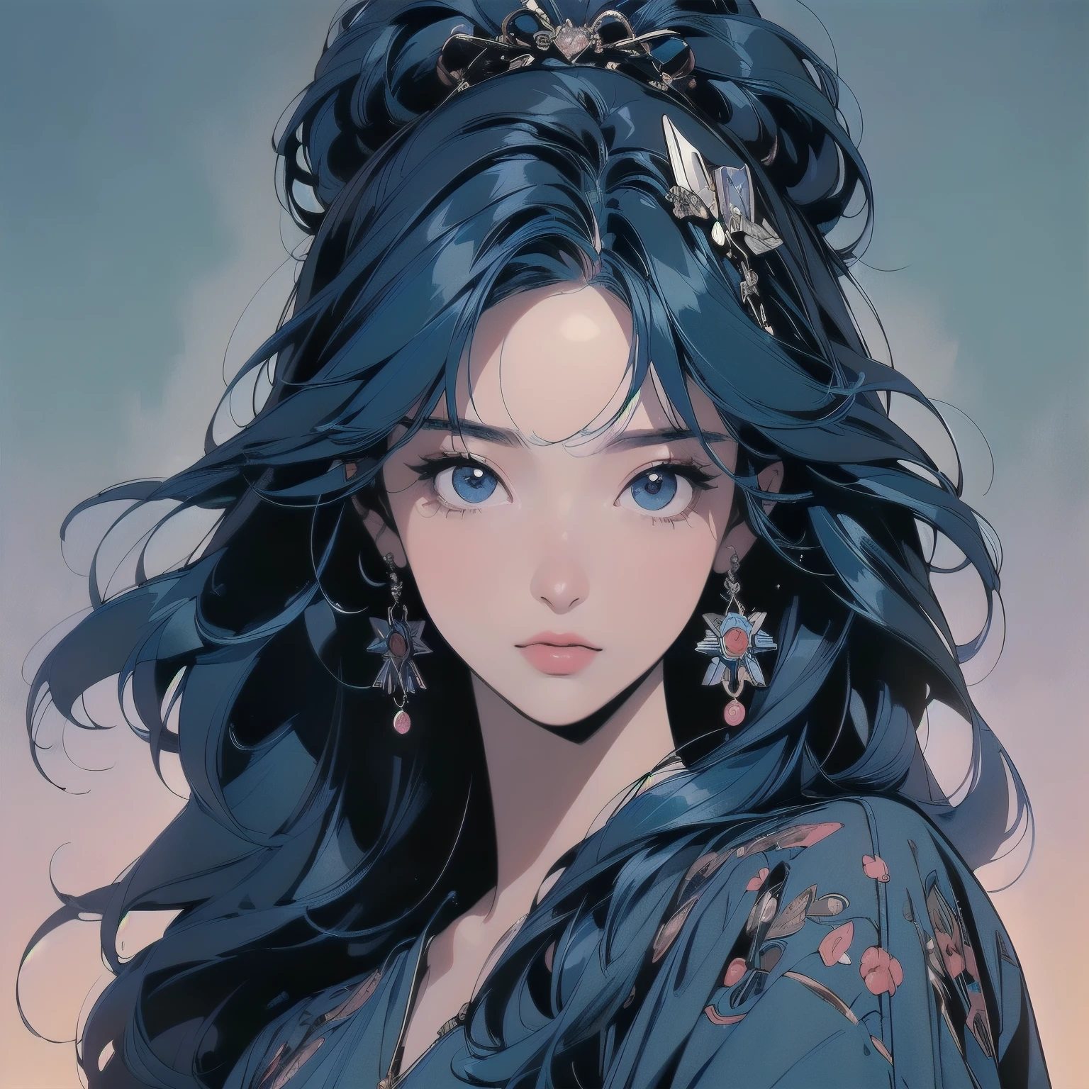 (((masterpiece, Highest quality))), (((32K Wallpapers))), Ultra-high resolution,Trigun、people、Beautiful woman、Movie Posters、Upper Body、Model pose、mysterious、Small breasts、Black Hair、Short sleeve、(((A detailed and complex drone)))、(((The perfect drone)))、(((Blue Hair Color)))、(((A luxurious hair accessory with attention to detail)))