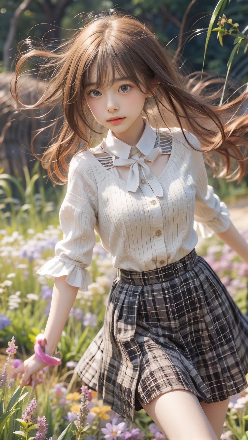 masterpiece , Highest quality , Very detailed , 1 person, ((Contrasting Eyes)) , running , blouse, skirt , bangs , field