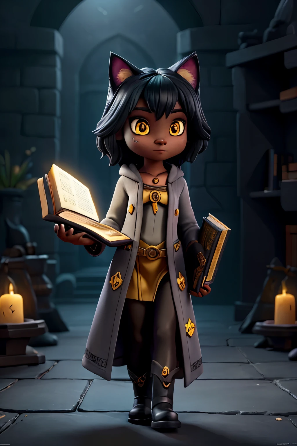 a half black cat witch with book in hand, grey robe, yellow eyes, arcane symbols, cute, boots, fantasy, detailed face, detailed eyes, detailed hands, ethereal, magical, dark fantasy, moody lighting, dramatic lighting, glowing symbols, intricate details, highly detailed