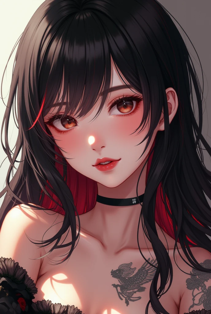 Japanese girl with more or less long black hair with bangs and red highlights, e sexy, Lady,Red hair,dress,beautiful,anime,tattoo, face portrait, close up, big beautiful detailed eyes, ulzzang, art nouveau, candy, sweets,