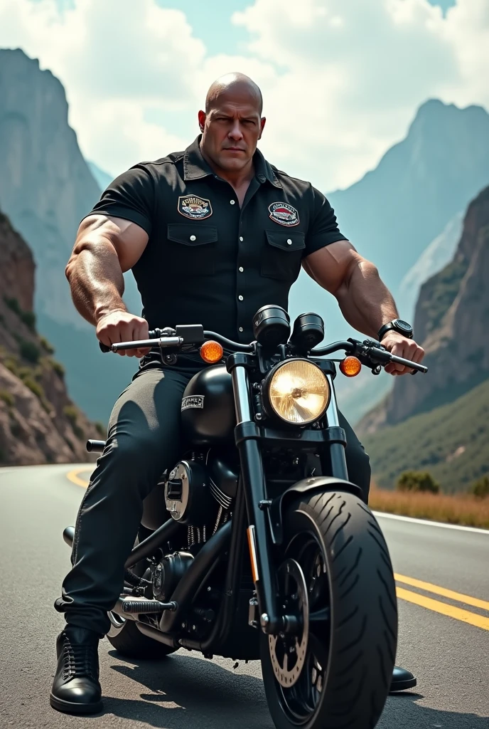 Big body builder white bald men wearing black double pocket shirt with logos at mountain highway on heavy motor bike