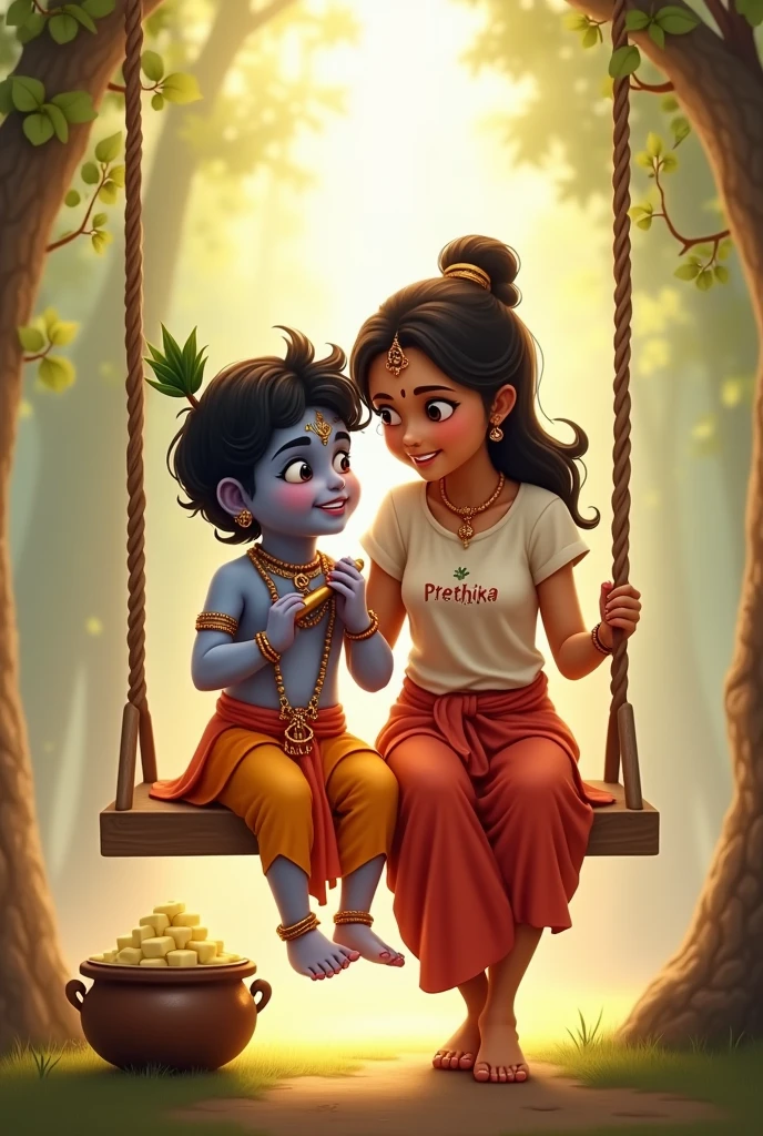 Create an image with Little Krishna sitting on a swing with a flute in his hand. Beside him should be a teen with "Preethika" on her tshirt. Both should be smiling and a pot of butter should be there in the frame. And the background should be radiolucent 