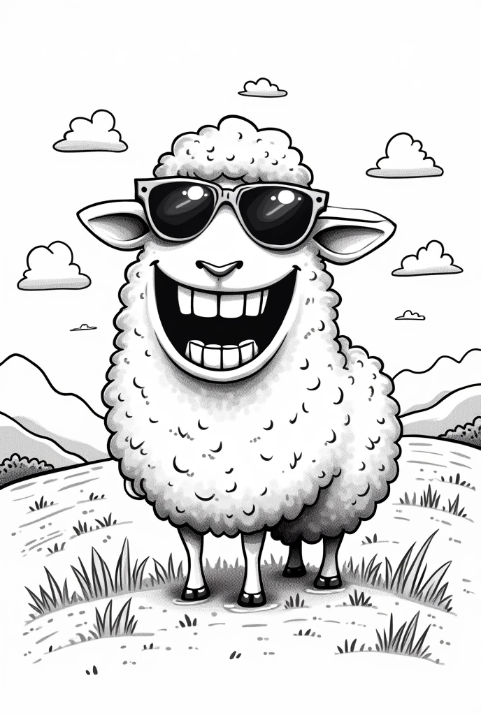 a sheep, huge tender smile, sun glasses, big teeth, over grass, clouds in the sky, outlined sketch, black and white only