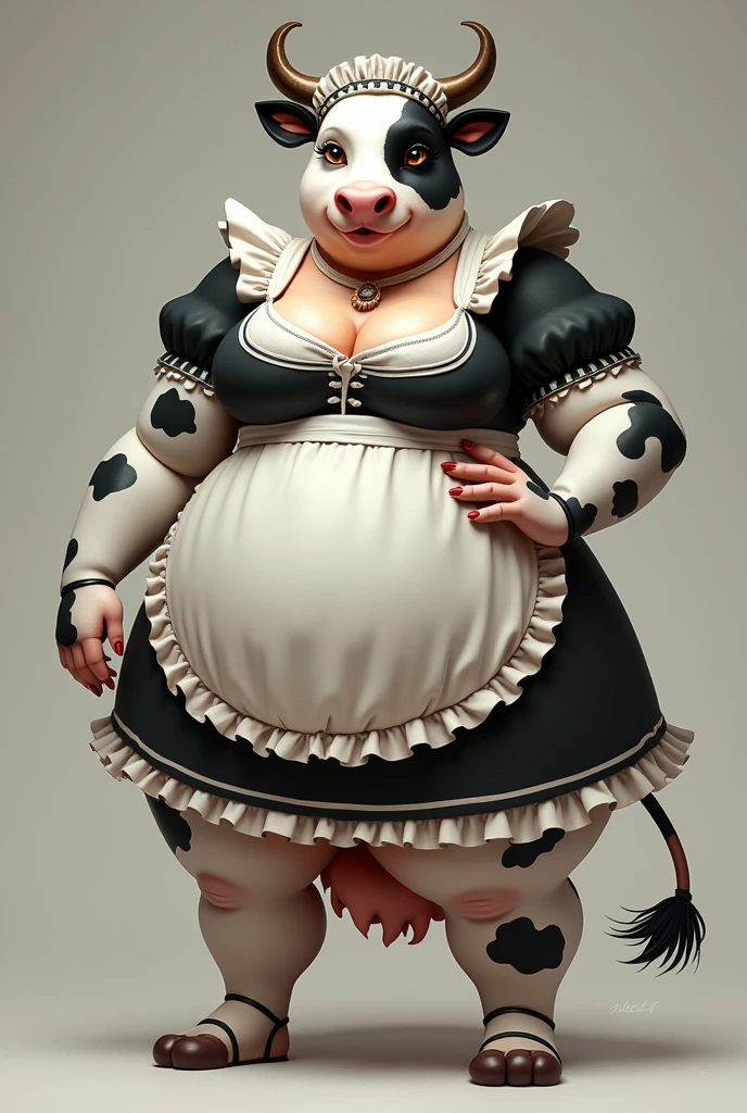 make a girl cow with a giga huge boobs even bigger thighs black and white cow and maid themed clothes she has cow horns and ears