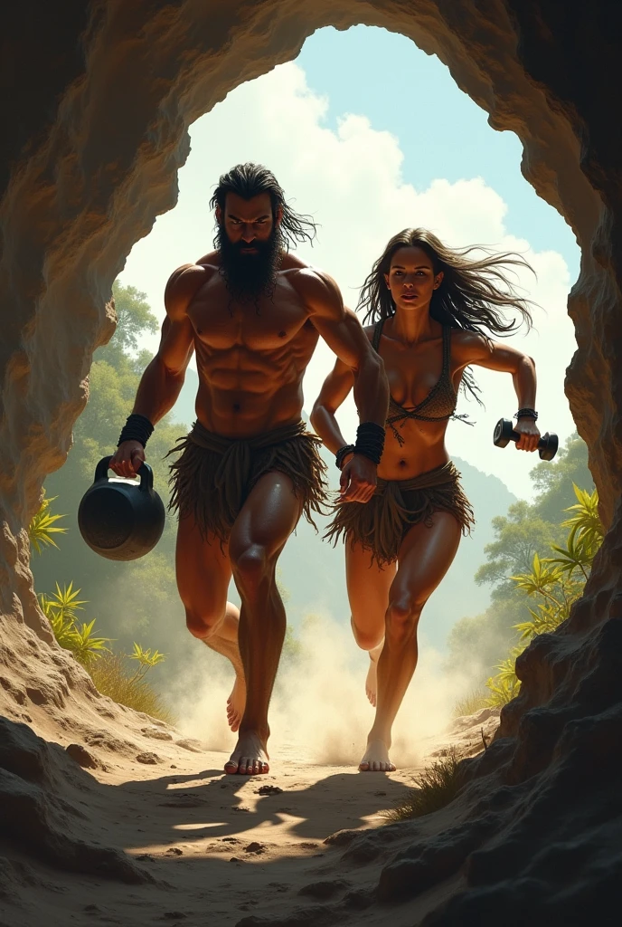 Muscular primitive man and woman running out of a cave head on.
He with a kettlebell in his hand and she with a dumbbell in her hand