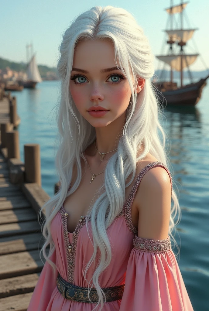 Make a realistic image of a 1 girl walnut skin , white hair and blue-gray eyes.
She is wearing a pink medieval dress, and is in a medieval maritime setting. 