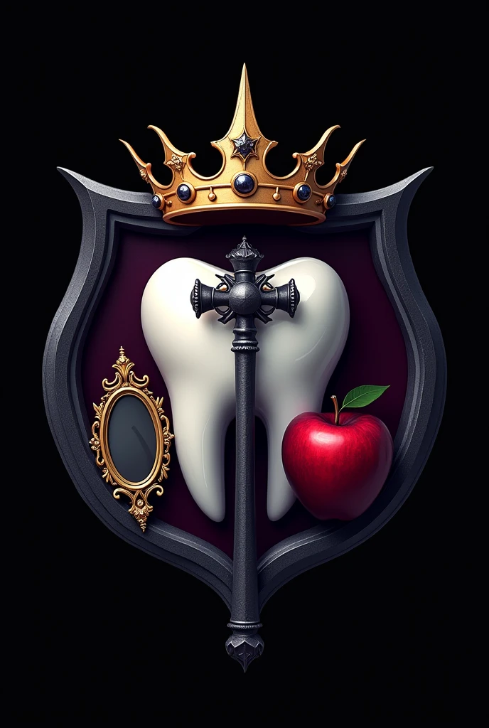 Create a logo that correlates the Disney villain the evil queen from the Snow White movie and the professions of Law and Dentistry The Shield of Doom Form: Un logo circular que combina un shield heráldico con la temática de la Reina Malvada.
Logo Base: The background is a deep black, with a dark purple border that adds depth to the design.
Central Element: In the middle, un shield estilizado que representa un diente molar, in bright white. El shield está dividido en dos partes por un martillo de juez que atraviesa verticalmente desde el borde superior hasta el inferior del círculo, in a dark metallic grey, with details on its handle that imitate ancient torture tools, evoking the ruthless nature of the Queen.
Creative details: En la parte izquierda del shield, a small golden mirror, with fine and elaborate details in its frame, shows a distorted reflection, hinting at the presence of the Magic Mirror and its connection to the Queen. on the right side, A small dark red apple is engraved in high relief, dando la sensación de que está a punto de caer del shield. Encima del shield, The top of the circle is adorned with a crown of the Queen, formed by spines and sharp teeth, that are intertwined with the hammer, symbolizing the union between power, justice and corruption.
Color palette: Deep black for the background, dark purple for the edge, bright white for the tooth/shield, Dark grey for the hammer, gold for the mirror, and dark red for the apple.