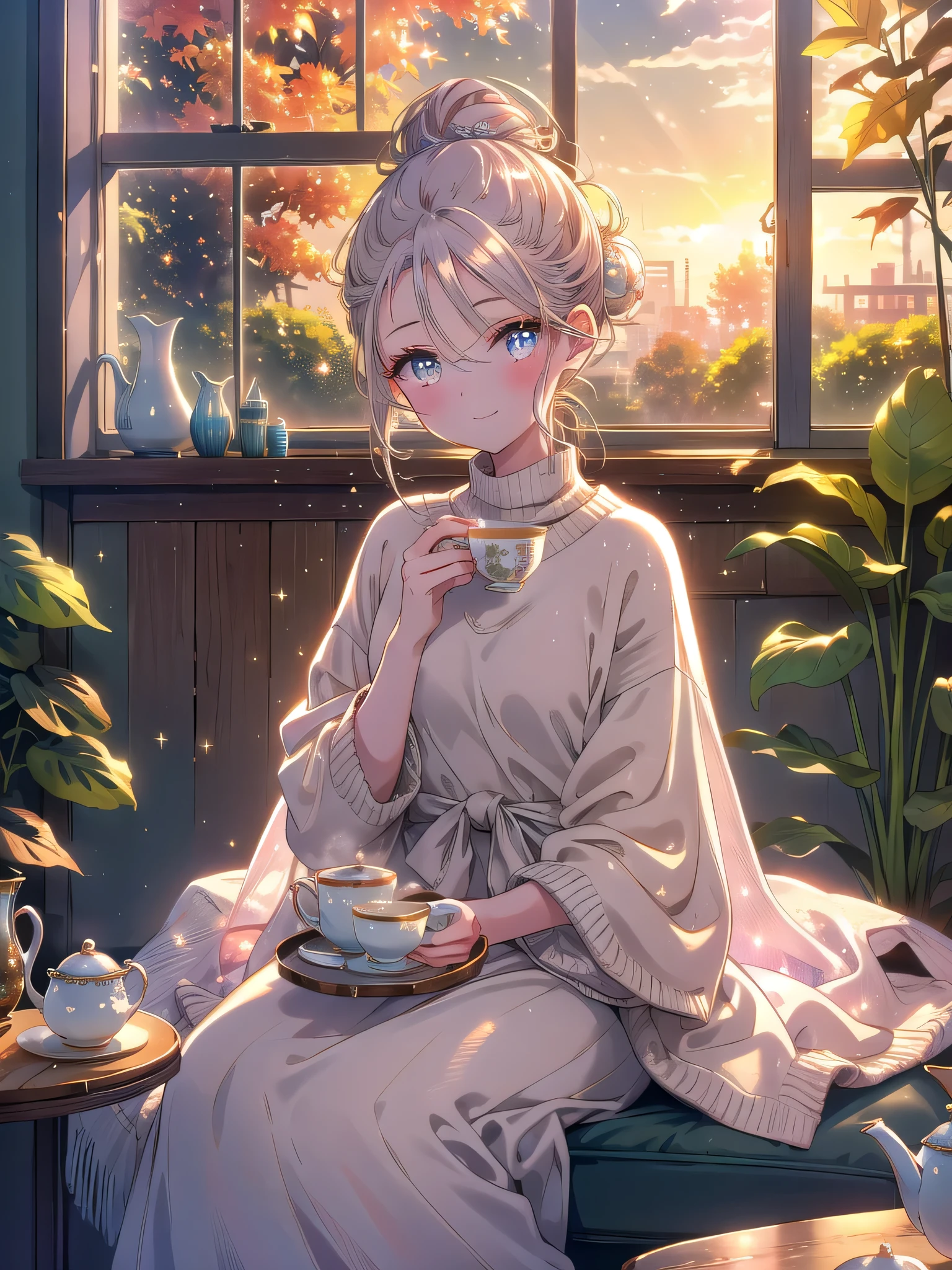 ((8k, Highest quality, masterpiece: 1.3)),Ultra-high resolution,(1 girl, alone), (Color changing eyes, Ultra-detailed, Expressive brilliance, Glitter, Glowing Eyes), Highly detailed eyes, Highly detailed face, Random Hair, ((pastel colour)Tea Break by the Window
The woman is sitting by a large window in her living room, enjoying a peaceful afternoon tea. She’s dressed in a comfortable, oversized sweater and leggings, her hair pulled back in a messy bun. In front of her is a small wooden tray with a simple cup of tea and a single pastry. The light from the setting sun bathes the room in a golden glow, creating a serene atmosphere. She holds the cup of tea in both hands, savoring the warmth as she looks at the camera with a gentle, relaxed smile. The window offers a view of the garden outside, where the leaves are just beginning to change color, hinting at the transition from late summer to early autumn. A soft blanket is draped over her lap, adding to the cozy ambiance.